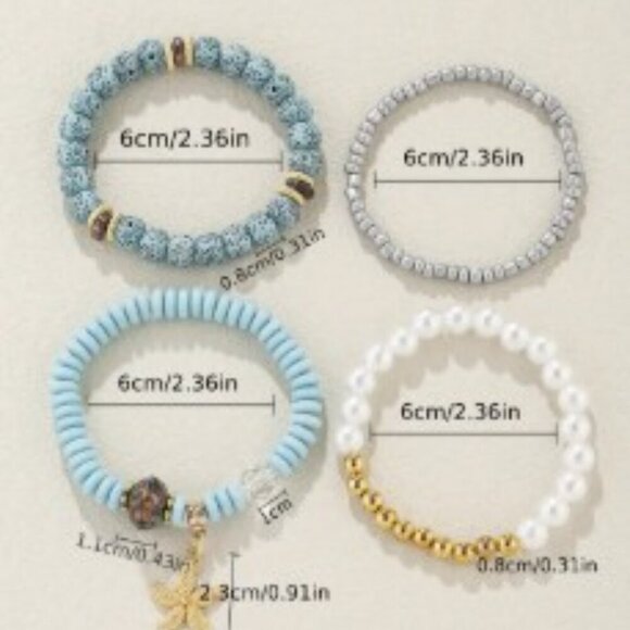 4PCS Starfish Pendant Blue Beaded Bracelet Set Glass Beads Beach Ocean Boho - Picture 4 of 6